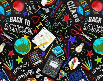 New! "Back To School" School Chalk, Teacher Fabric! 100% Cotton. 1/4, 1/2, or 1 yd x 44"! Black/Multi•By Timeless Treasures•Ships Early May!