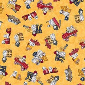 New! "American Heroes Firefighter" Dalmations, Firetrucks Fabric•100% Cotton•1/4, 1/2, or 1 yd x 44"•Gold•By Dan Morris! Cust Fav!Fast Ship!