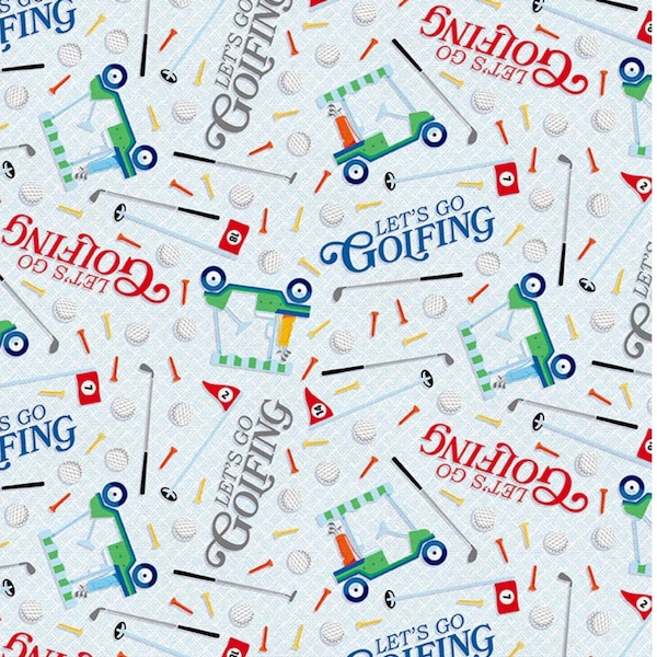 New! "Let's Go Golfing" Golf Cart, Golfing Fabric! 100% Cotton•1/4, 1/2, 1 yd x 44"•Wh/Multi•By Paintbrush Studio! Cust Fav! Fast Ship!