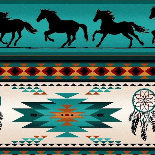 New! "Tucson" Southwest Horse, Native Inspired Fabric•100% Cotton•1/4, 1/2, 1 yd x 44" Turquoise/Multi•Elizabeths Studio! Fast Ship!