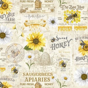 New! "Vintage Bee Farm" HoneyBee Farm, Bee, Fabric! 100% Cotton. 18" x 45"! Timeless Treasures.Beautiful! Fast Ship! Last Piece!