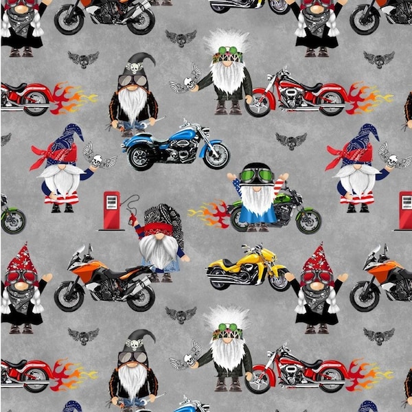 New! "Biker Gnomes" Bad To The Gnome Fabric! 100% Cotton. 1/4, 1/2, or 1 yd x 45"! By Timeless Treasures! Grey/Multi!! Ships Soon!