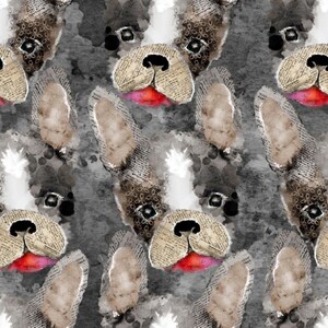 May include: A seamless pattern featuring watercolor illustrations of French Bulldog faces with a newspaper texture. The dogs have black eyes, pink noses, and red lips. The background is a gray and white watercolor wash.