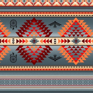 New! &quot;Tucson&quot; Southwest, Native Fabric! 100% Cotton. 1/4, 1/2, or 1 yd x 44&quot;•Grey/Burgundy/Orange•Gorgeous! By Elizabeths Studio! Fast Ship!