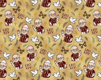 Nouveau ! « Leo XIV » Da Pope, Holy Wave, religieux, tissu catholique ! 100 % coton•1/4, 1/2, 1 yd x 44"•Or/Multi•Par Paintbrush Studio ! Expédition rapide !