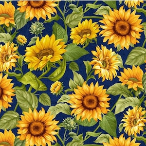 New! "Sunflower Farm" Sunflower Garden, Flowers, Floral Fabric! 100% Cotton•1/4, 1/2, or 1 yd x 45"! Navy•Timeless Treasures•Fast Ship!