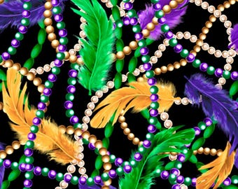 ¡Nuevo! Tela "Mardi Gras" con plumas y cuentas de Mardi Gras. Algodón • 1/4, 1/2 o 1 yarda x 44" • ¡De QT Fabrics! Negro/Multicolor • ¡Envío rápido!