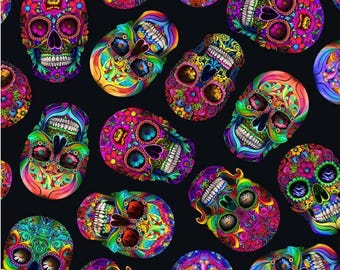 ¡Nuevo! Tela con calaveras de azúcar del Día de Muertos. 100% algodón. Disponible en tamaños de 1/4, 1/2 o 1 yarda x 45 pulgadas. Tesoros atemporales. ¡Precioso! ¡Envío rápido!