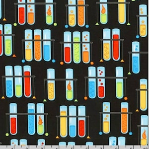 Science, Chemistry, Test Tubes Fabric! 100% Cotton. 1/4, 1/2, or 1 yd x 44&quot;! Beautiful Colors,Great Print by Robert Kaufman!Fast Ship! SALE!