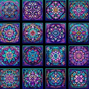 May include: A fabric panel featuring a repeating pattern of colorful, stained-glass-style floral designs. The squares are in shades of blue, purple, and teal, with gold accents, set against a black background. A decorative border runs along the edge.
