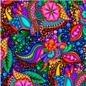 New! &quot;Carnivale&quot; Mardi-Gras, Floral, Geometric Fabric! 100% Cotton. 1/4, 1/2, or 1 yd x 44&quot; Striking Colors!Customer Favorite! Fast Ship!