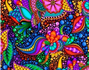 New! &quot;Carnivale&quot; Mardi-Gras, Floral, Geometric Fabric! 100% Cotton. 1/4, 1/2, or 1 yd x 44&quot; Striking Colors!Customer Favorite! Fast Ship!