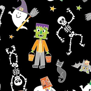 May include: A black background with a variety of Halloween characters, including ghosts, skeletons, a Frankenstein monster, a mummy, a bat, and a black cat. The characters are all cartoonish and have bright colors. There are also stars scattered throughout the background.