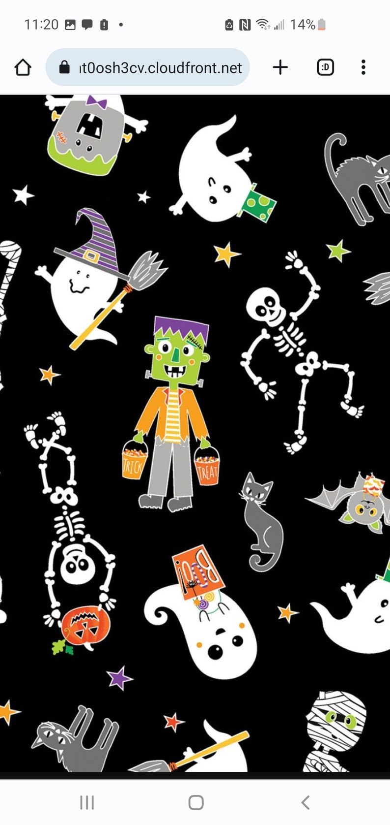 K&ouml;nnte beinhalten: Ein schwarzer Hintergrund mit einer Vielzahl von Halloween-Charakteren, darunter Geister, Skelette, ein Frankenstein-Monster, eine Mumie, eine Fledermaus und eine schwarze Katze. Die Charaktere sind alle cartoonartig und haben leuchtende Farben. Au&szlig;erdem sind Sterne &uuml;ber den gesamten Hintergrund verteilt.