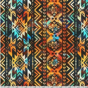 May include: A seamless pattern featuring a geometric design in shades of orange, yellow, blue, and black. The pattern is reminiscent of Native American art.