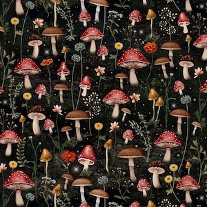 May include: A dark fabric pattern featuring a dense forest floor scene with various mushrooms in shades of red, brown, and white, interspersed with small yellow and orange wildflowers, green stems, and tiny white glowing sparkles throughout.
