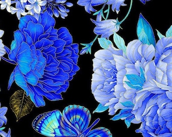 Nowość! Tkanina "Escapade" Butterfly Floral Metallic, Flower! 100% bawełny • 1/4, 1/2, 1 jarda x 45 cali! Czarno-niebieski • Metaliczny • Ponadczasowe skarby • Szybka wysyłka!