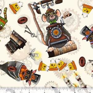 New! Steampunk Halloween 2, Halloween Toss Fabric! 100% Cotton. 1/4, 1/2, or 1 yd x 44&quot;! Ecru Background•Cust Fav! Lots in Stock! Fast Ship!