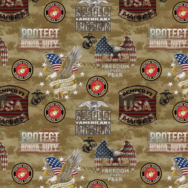 New! US Military, Marines, Patriotic Fabric! 100% Cotton. 1/4, 1/2, or 1 yd x 44"! Licensed, By Skyel! Customer Fav, Lots In Stock!Fast Ship