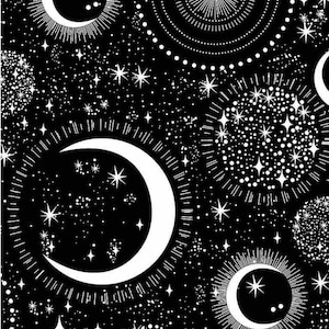 Neu! *Leucht! Celestial, Mond und Sterne Stoff! 100% Baumwolle•1/4, 1/2, 1 x 45&quot; Wunderschöne! Schwarz/Weiß*Glüh•Zeitlose Schätze•Wieder auf Lager!Schneller Versand!