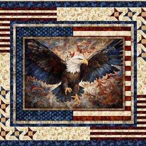 May include: A patriotic quilt featuring a majestic bald eagle with outstretched wings. The quilt showcases a central image of the eagle, framed by borders of red and white stripes, blue stars, and floral patterns, evoking an American flag theme.