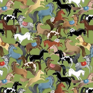 New! &quot;Lil&#39; Buckaroos&quot; Wild Horses, Horse, Western Fabric! 100% Cotton. 1/4, 1/2, or 1 yd x 43&quot;! By Benartex•Green/Multi•Fast Ship!