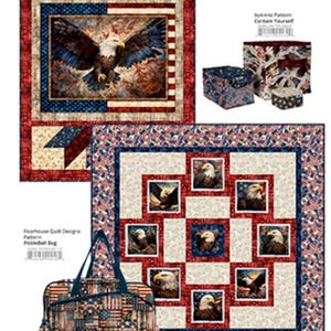 May include: A collection of patriotic-themed fabric items, including quilts and a tote bag. The quilts feature eagle imagery and star patterns in red, white, and blue. The tote bag displays an American flag design.