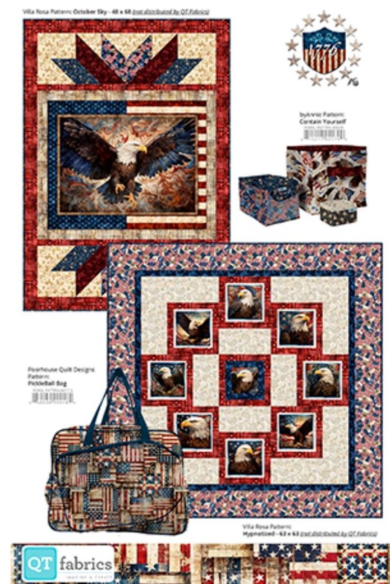 May include: A collection of patriotic-themed fabric items, including quilts and a tote bag. The quilts feature eagle imagery and star patterns in red, white, and blue. The tote bag displays an American flag design.