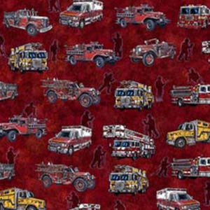 New! "American Heroes Firefighter" Firetrucks, Fireman Fabric•100% Cotton•1/4, 1/2, 1 yd x 44"•Brick Red•By Dan Morris•Cust Fav! Fast Ship!