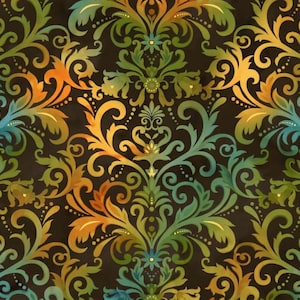 May include: A repeating damask pattern featuring intricate scrolling acanthus leaves and floral motifs. The design displays a gradient of vibrant orange, yellow, teal, and green hues set against a deep, dark brown background with a smooth texture.
