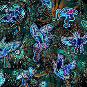 May include: A vibrant, repeating pattern featuring stylized blue and teal birds with intricate dot designs. The birds are set against a dark teal and black background with radiating patterns and small dots, creating a dynamic, artistic design.