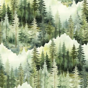 May include: Watercolor painting of a forest scene with tall evergreen trees in shades of green, gray, and yellow. The trees are densely packed, creating a sense of depth and a misty atmosphere. The artwork evokes a natural, serene theme.