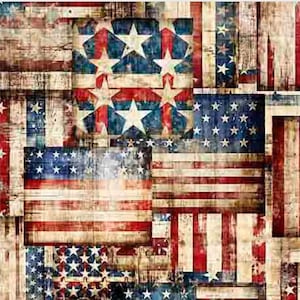 May include: A patchwork design featuring distressed American flags. The flags are composed of red and white stripes, blue fields with white stars, and a weathered, vintage aesthetic. The design is suitable for patriotic decor or crafts.