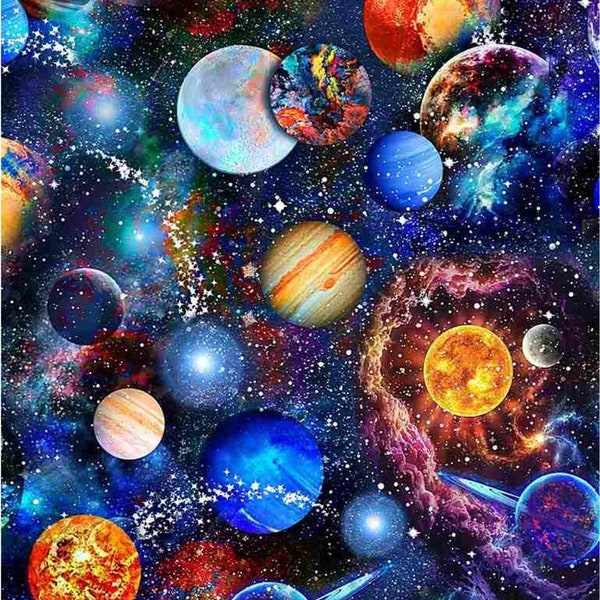 Galaxy, Planets, Outer Space Fabric! 100% Cotton! 1/4, 1/2, or 1 yd x 44"! Beautiful Colors, Amazing Design! Customer Fav! Fast Ship!