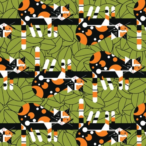 New! Charley Harper "Iconic" Limp On A Limb, Calico Cat Poplin Fabric 100% Org. Cotton! 1/4, 1/2, or 1 yd x 45"!•Adorable! Ships July!