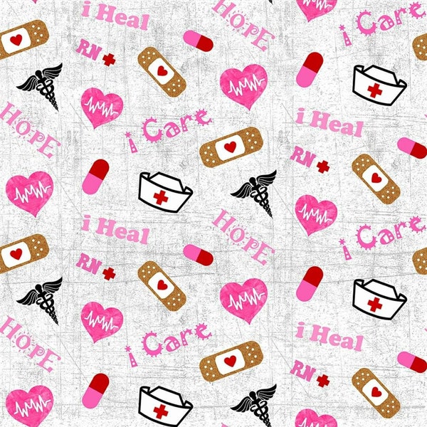 Hometown Heroes, Nurse, Medical Fabric! 100% Cotton.  1/4, 1/2, or 1 yd! White/Grey Background. By Skyel Fabrics. Fast Ship! Almost Gone!