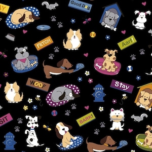 May include: A black and white seamless pattern featuring various dog breeds, including a dachshund, a terrier, a poodle, and a sheepdog. The pattern also includes dog-related objects such as dog bones, dog houses, and dog toys. The words "Woof", "Fetch", "Bark", "Stay", "Good Dog", and "Aarf" are also included in the pattern.