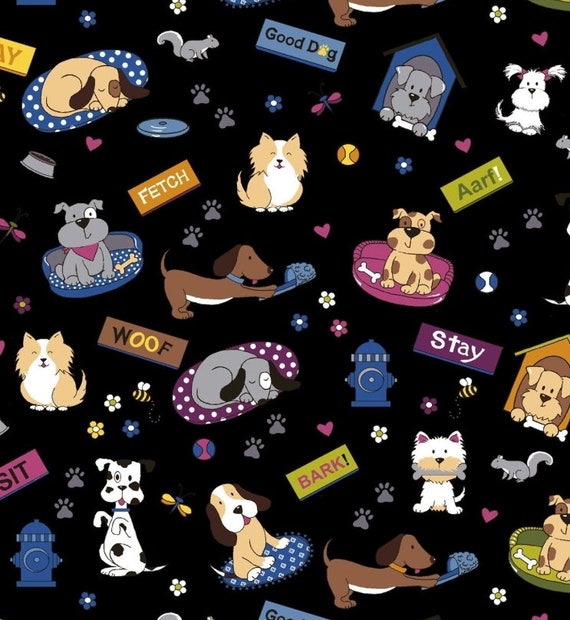 New! "Bow Wow Meow" Puppy Playtime, Dog, Dogs Fabric! 100% Cotton. 1/4, 1/2 yd x 44" Black/Multi•By Freckle + Lollie•Adorable! Fast Ship!
