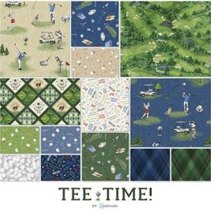 May include: A selection of golf-themed fabric samples. The patterns feature golfers, golf balls, golf carts, and golf course scenes. The colour palette includes green, blue, beige, and white. The text "TEE TIME!" is visible at the bottom.