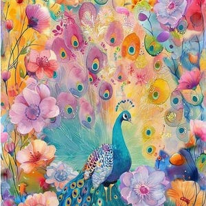以下が含まれることがあります： 鮮やかな水彩画で、カラフルな花に囲まれた孔雀が描かれています。孔雀は青とターコイズの羽を持ち、扇状の尾には目の様な模様が描かれています。花はピンク、オレンジ、紫の色合いで、活気があり芸術的なシーンを作り出しています。