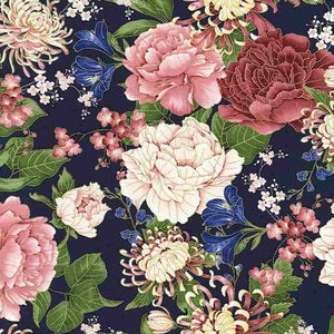 New! "Sakura" Chrysanthemums and Peonies, Florals, Flower Fabric! 100% Cotton. 22.6" x 44"! By Timeless Treasures! Fast Ship! Last Piece!
