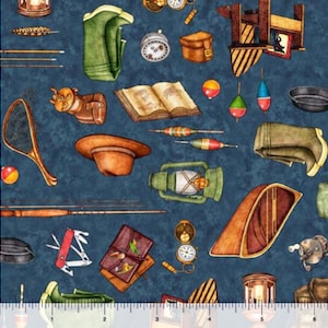 New! "Fish Tails" Fishing Equipment, Fish Fabric! 100% Cotton. 1/4, 1/2, or 1 yd x 44"! Dark Teal•By QT Fabrics! Fast Ship!