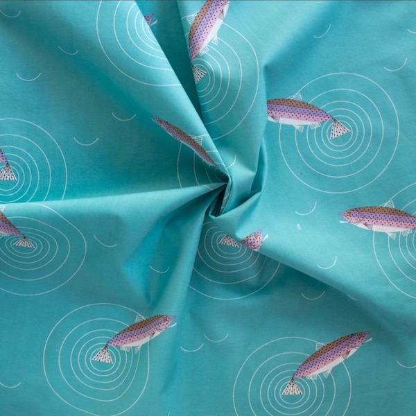 New! Charley Harper, Rocky Mountains "Rainbow Splash" Trout, Fish Fabric. 1/4, 1/2, 1 yd x 44" 100% Organic Cotton•Almost Gone•Fast Ship!