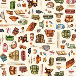 May include: A seamless pattern featuring a variety of fishing and camping themed illustrations. The pattern includes items such as fishing rods, fishing nets, lanterns, backpacks, and a variety of other outdoor gear. The background is a light cream color.