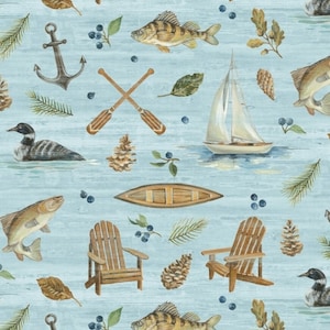 New! &quot;Lakeside Retreat&quot; Fish, Nature, Lake Fabric! 100% Cotton. Aqua/Multi• 1/4, 1/2, or 1 yd x 44&quot;! By Wild Apple Fabric! Fast Ship!