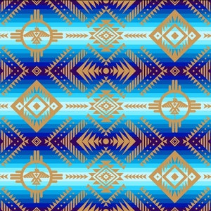 May include: A seamless pattern featuring a Native American inspired design with geometric shapes in shades of blue, brown, and white.