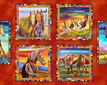 New! "Free Rein" Painted Horse Fabric Panel! Horse Picture Blocks Panel•100 Cotton•24"x 43"! By P&B Textiles! Gorgeous! Fast Ship!