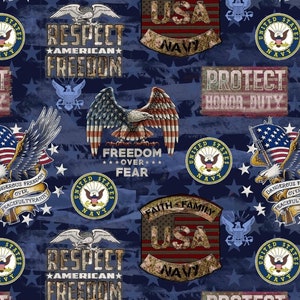 New! US Military, Navy, Patriotic Fabric! 100% Cotton. 18&quot; x 44&quot;! Licensed Fabric By Skyel! Navy•Customer Fav! Fast Ship!