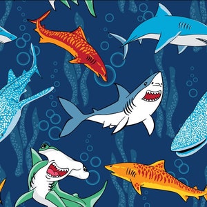 New! &quot;Belle and Blue Sea&quot; Shark Squad, Fish Fabric! 100% Cotton. 1/4, 1/2, or 1 yd x 45&quot;! By Freckle + Lollie! Same Day Ship!