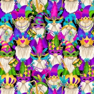 New! &quot;Mardi Gras Gnomes&quot; Mardi-Gras, Gnome Fabric! 100% Cotton. 1/4, 1/2, or 1 yd x 45&quot;! By Timeless Treasures! Gorgeous Colors! Fast Ship!